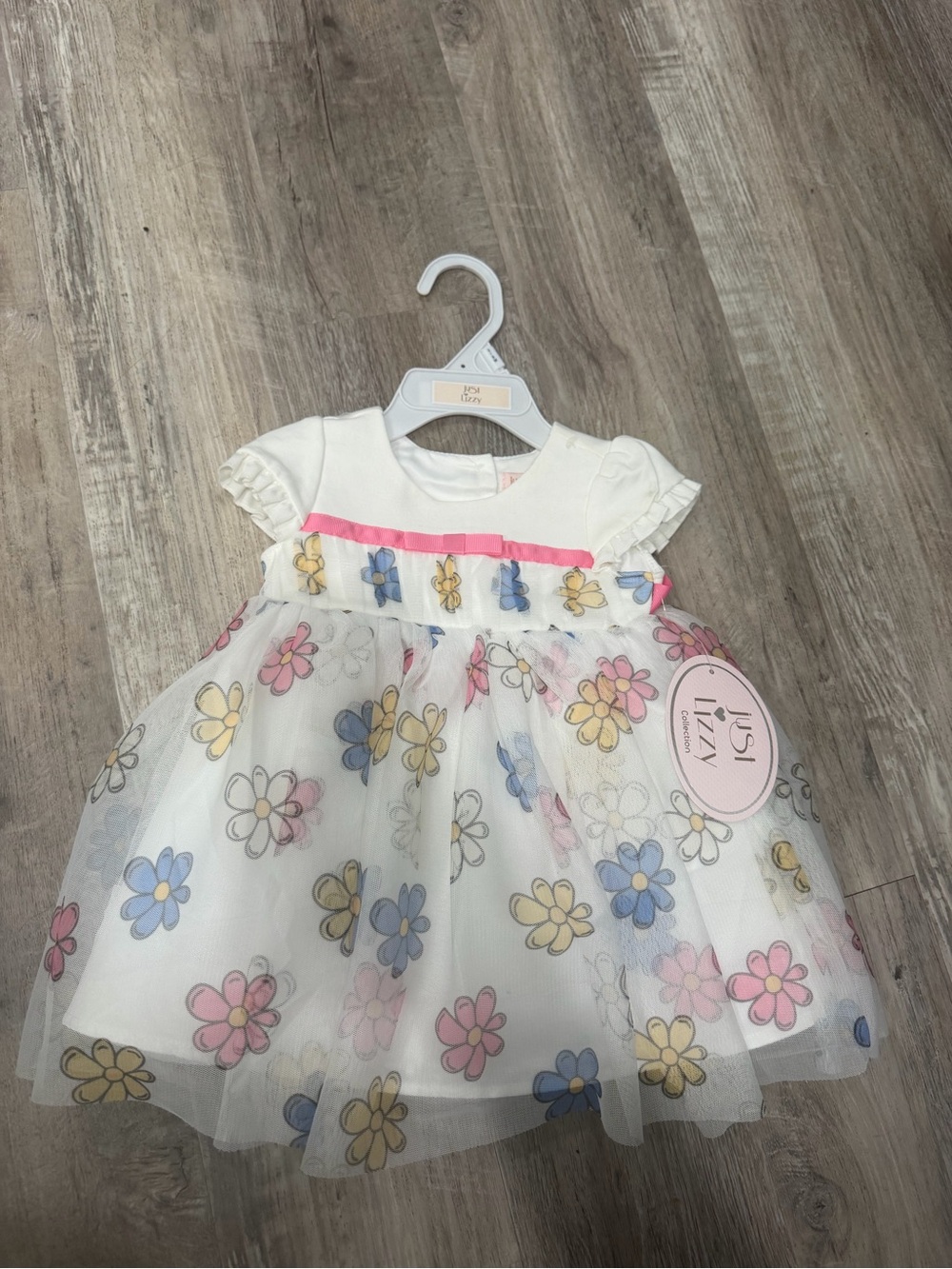 Girls White Floral Tulle Dress with Pink Waistband